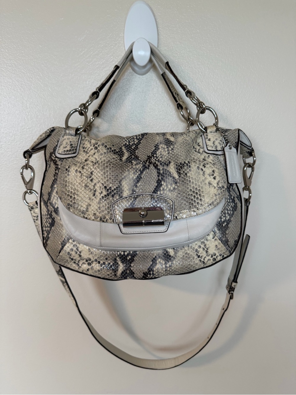 COACH 19325 Kristin Python Embossed Leather Round Satchel Silver/Grey